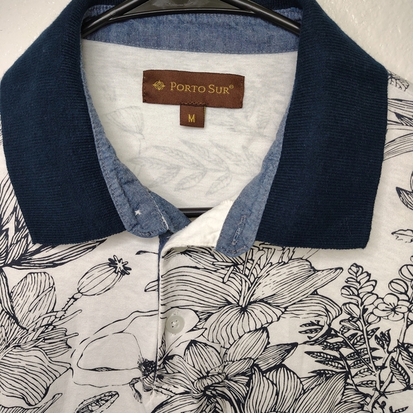Porto Sur Men's Cotton White Blue Floral Print Polo Shirt Sz M - Picture 2 of 9